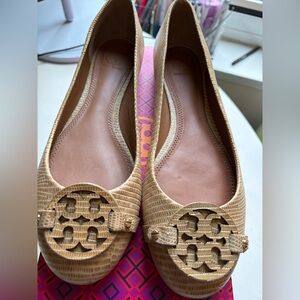 Women’s Tan Textured Ballet Flats with Logo Medallion